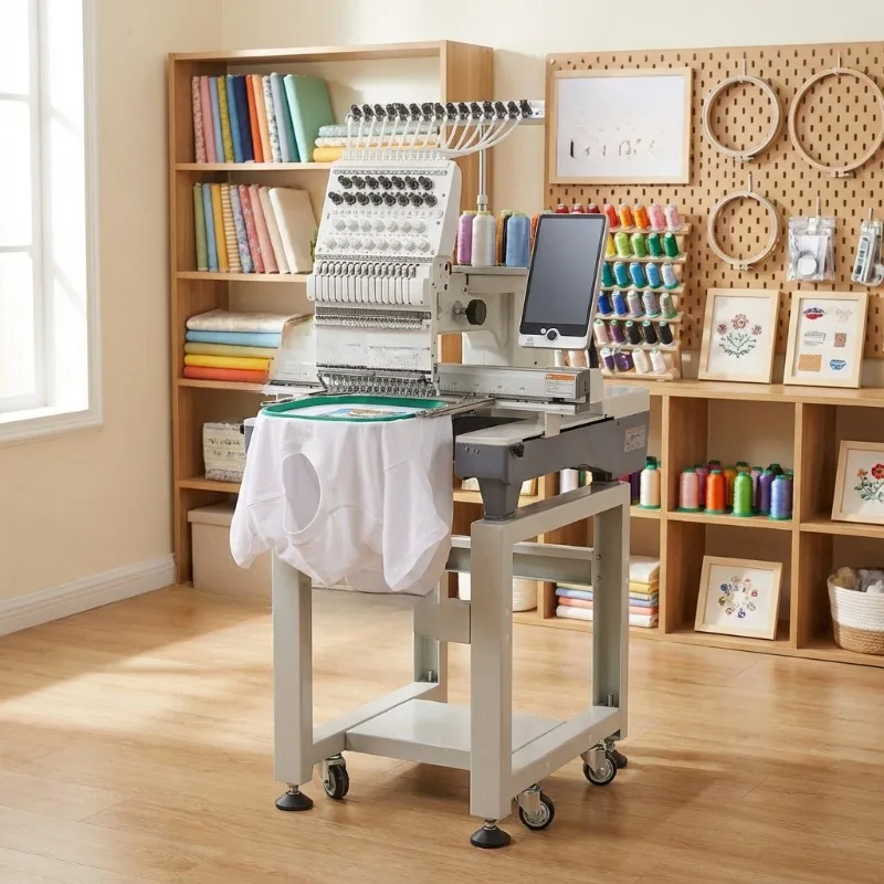 Computerized flat embroidery machine with 1200 rpm motor and bearings, suitable for household use