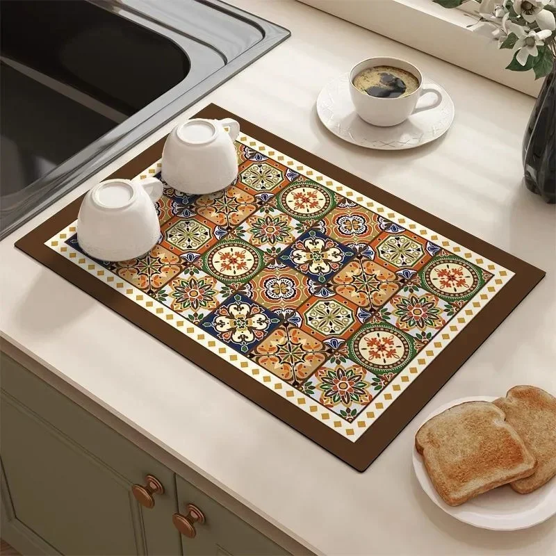 Retro Tile Pattern Absorbent Draining Mat Antiskid Quick Dry Kitchen Coffee Dish Drying Pad Farmhouse Cottage Style Coasters