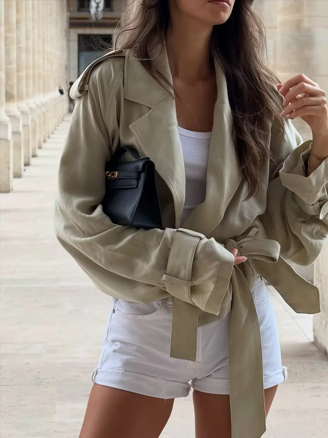 

Lace Up Lapel Collar Loose Coat Women Fashion Full Sleeves Pocket Cropped Jacket 2025 Lady Casual V-neck Commute Outwear