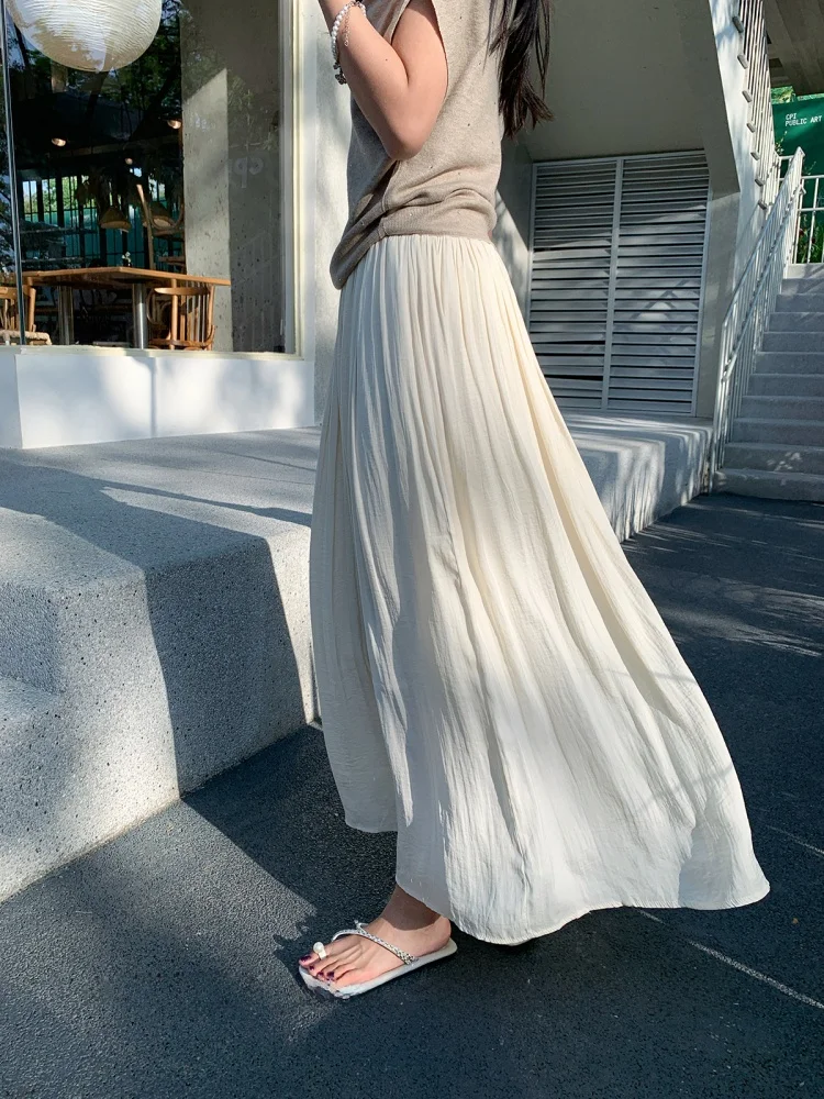 

Yang Bubble Apricot Texture A-Line Midi Skirt Women's Summer New Slimming Drapey f-length Skirt Korean Sle Commute