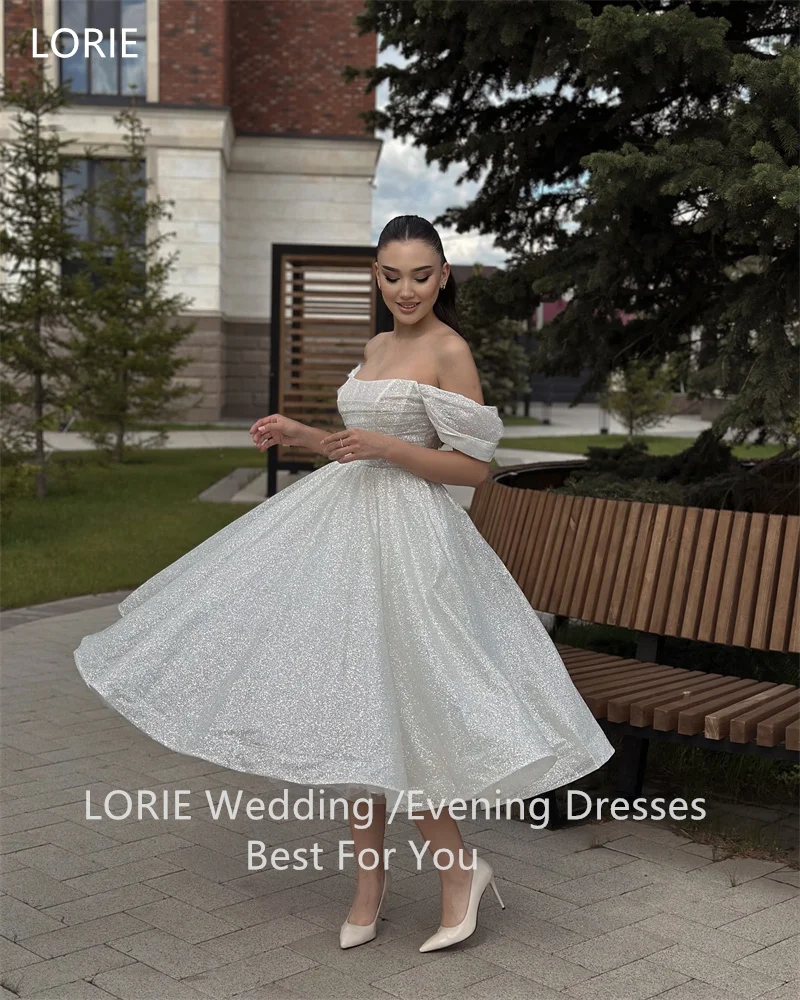 LORIE A-line Bright Wedding Dresses Backless Strapless Off Shoulder Pleat  Bridal Gown Mid-Calf Elegent Bride Gowns Customized