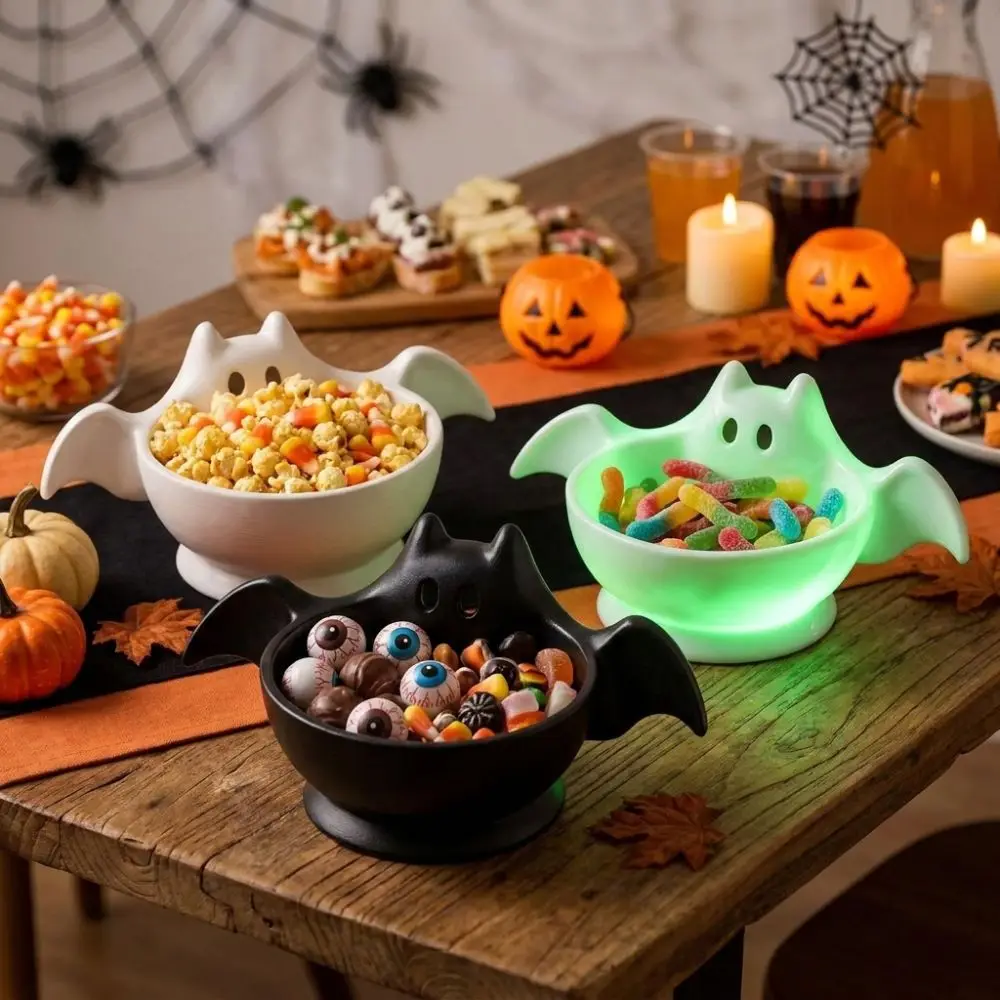 3D Printed Halloween Bat Shaped Storage Bowl Luminous Cute Halloween Snack Bowl Dark Style Non-Slip Base Desktop Candy Bowl