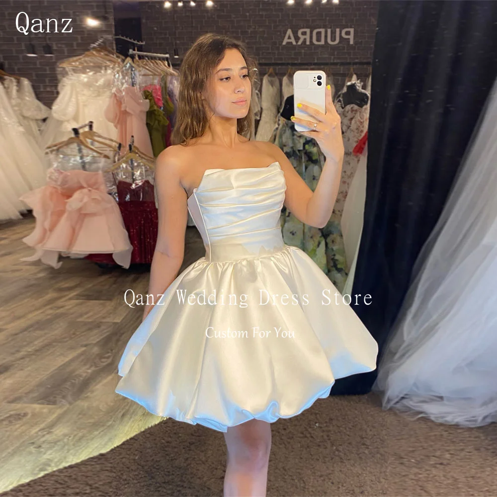 

Qanz Ivory Strapless Wedding Party Dresses Satin Mini Above Knee Puff Bridal Gowns свадебное платье Customized