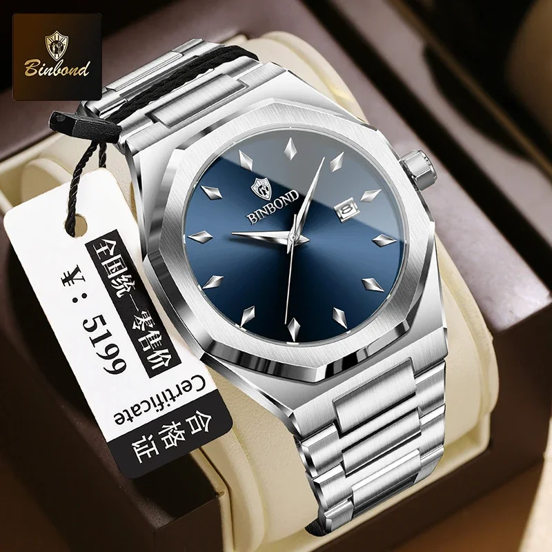 Binbond relógios masculinos de luxo à prova dwaterproof água data de negócios relógio de pulso masculino aço inoxidável esporte moda masculina relógio de quartzo