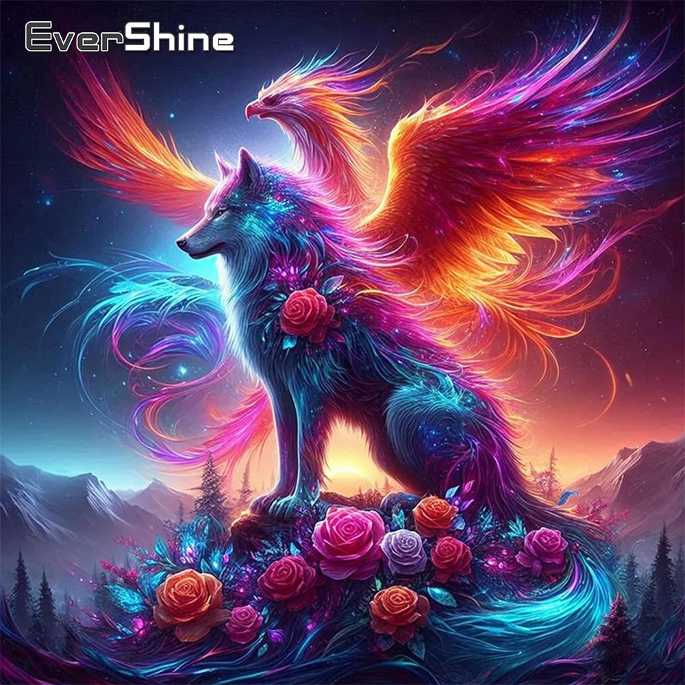 Evershine Diamond Embroidery Wolf Animal Painting Wolf DIY Suitable for Beginners Flower Diamond Mosaic Phoenix Unique Gift