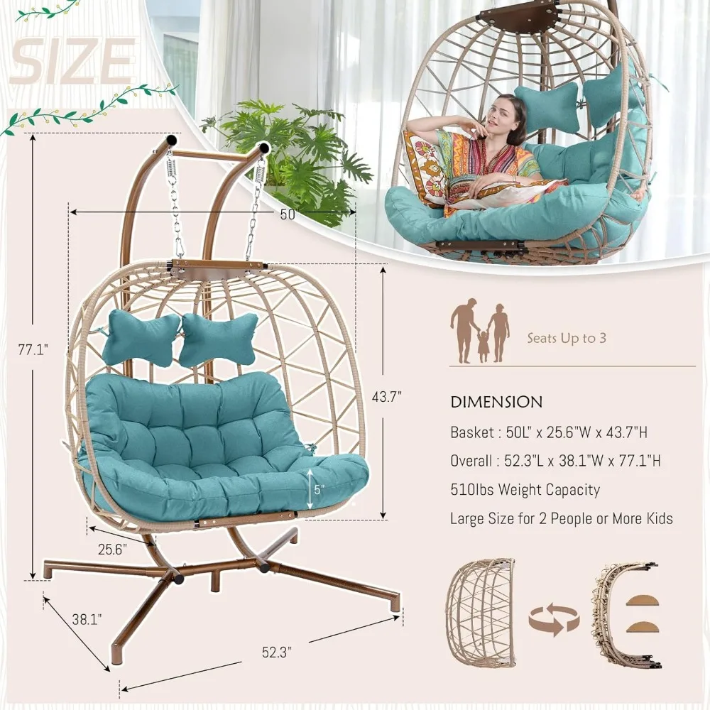 كرسي أرجوحة معلق كبير لشخصين للاستخدام الداخلي والخارجي - مقعد كبير الحجم لفناء التوائم للاسترخاء المريح