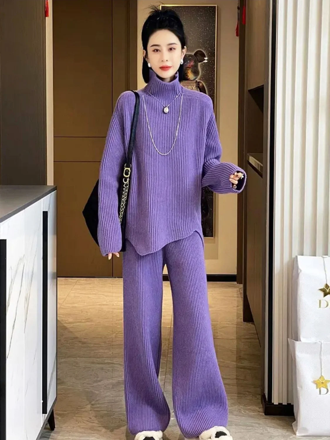 Autumn and Winter New Thickened Korean Loose Sweater Set for Women\'s High Grade Purple Knitted Wide Leg Pants Two Piece Set