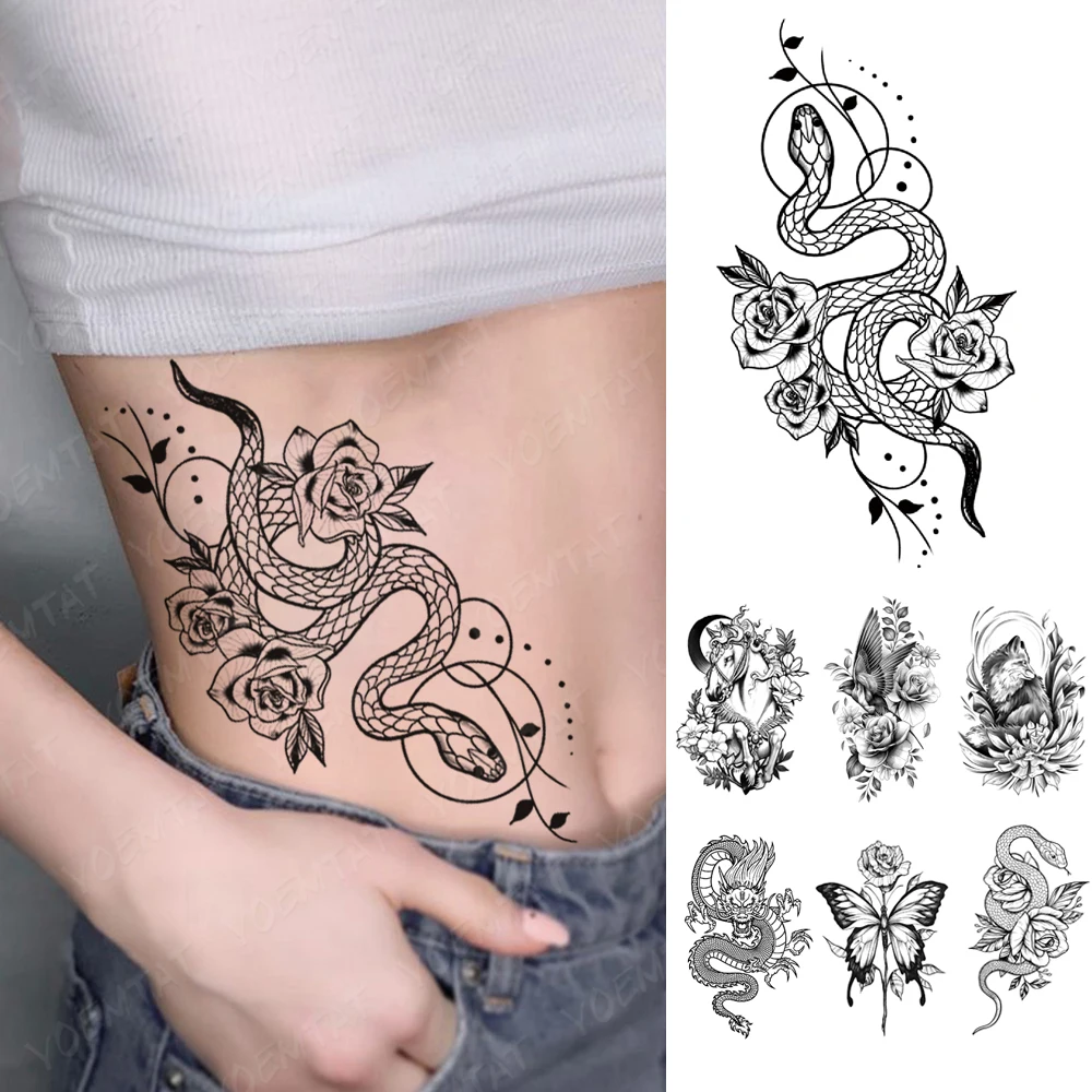 

Waterproof Temporary Tattoo Sticker simple line dragon snake Rose Flash Tattoos Gothic Y2K Body Art Arm Fake Tatoo Men Women