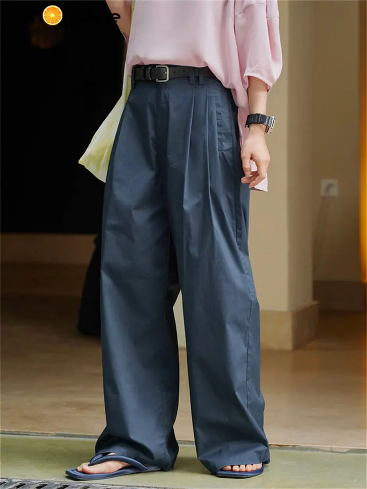 HanOrange Simple Commuter Pleated Wide Leg Thin Pants Women Loose Lightweight Hanging Trousers Female Navy Blue/Beige