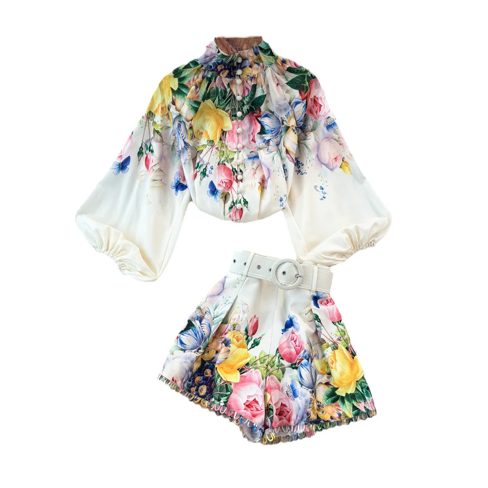 

Women's two pieces set summer lantern long sleeved stand up collar loose printed top two-piece set high waist wide leg shorts