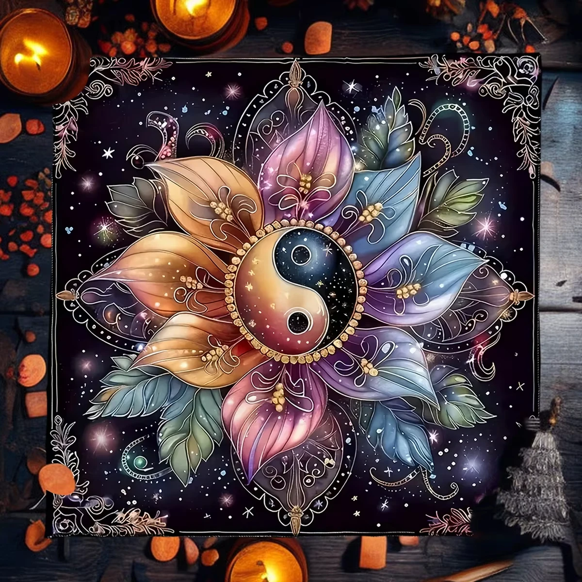 Yin-Yang Mandala Tarot Tablecloth Wicca Altar Cloth Starry Sky Floral Divination Mat for Tarot Reading Spiritual Decor