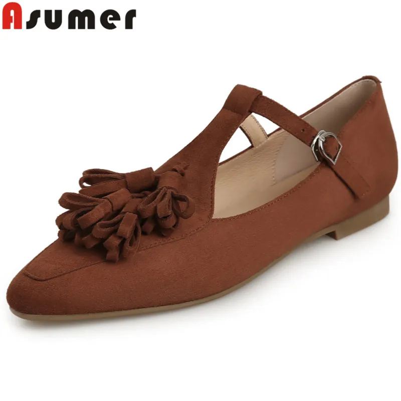 

ASUMER 2024 New Buckle Cow Suede Shoes Woman Ladies Mary Janes Dress Flats Round Toe Spring Fringe Flats Shoes