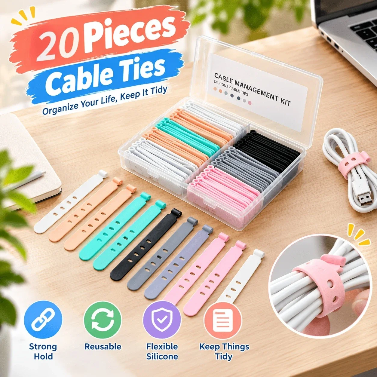 20pcs Reusable Silicone Cable Ties - Cable Ties Cord Organizers for Headphones, Chargers And Electronics, Durable Plastic