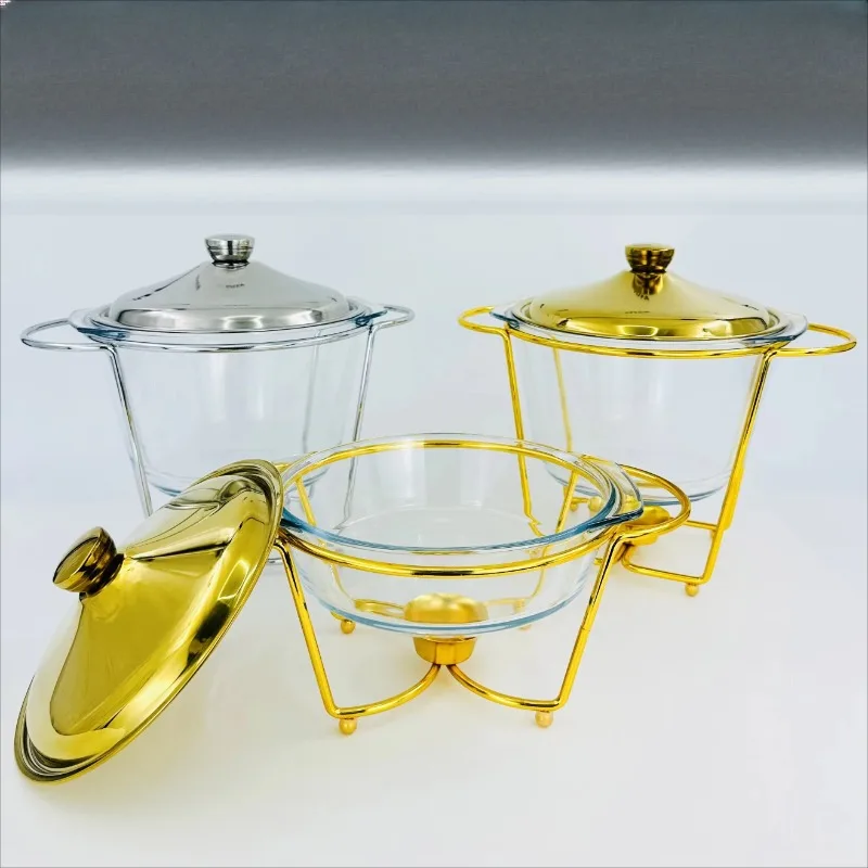Factory direct sales catering equipment deepening 4L luxury gold/silver glass buffet hot food heater round glass hot pot