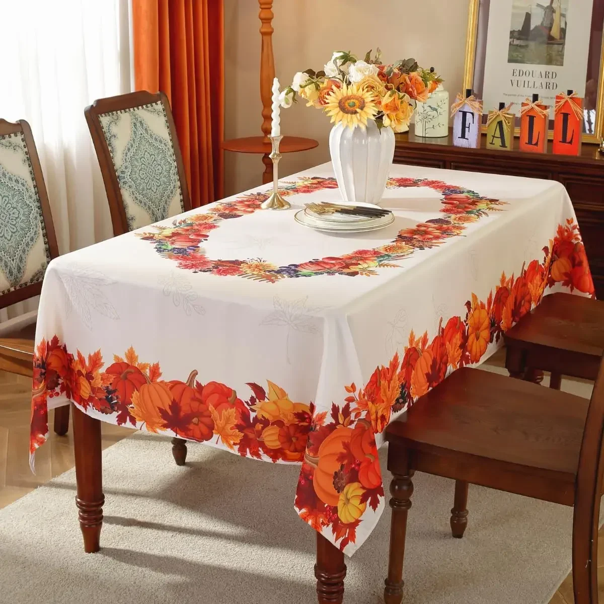 Fall Pumpkin Maple Leaf Rectangle Tablecloth Holiday Party Decor Farmhouse Kitchen Dining Tablecloth Thanksgiving Decorations
