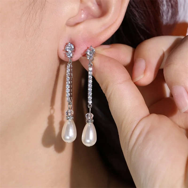 ZAKOL Elegant White Imitation Pearls Drop Earrings for Women Delicate Shiny CZ Zircon Long Earring Bridal Wedding Jewelry