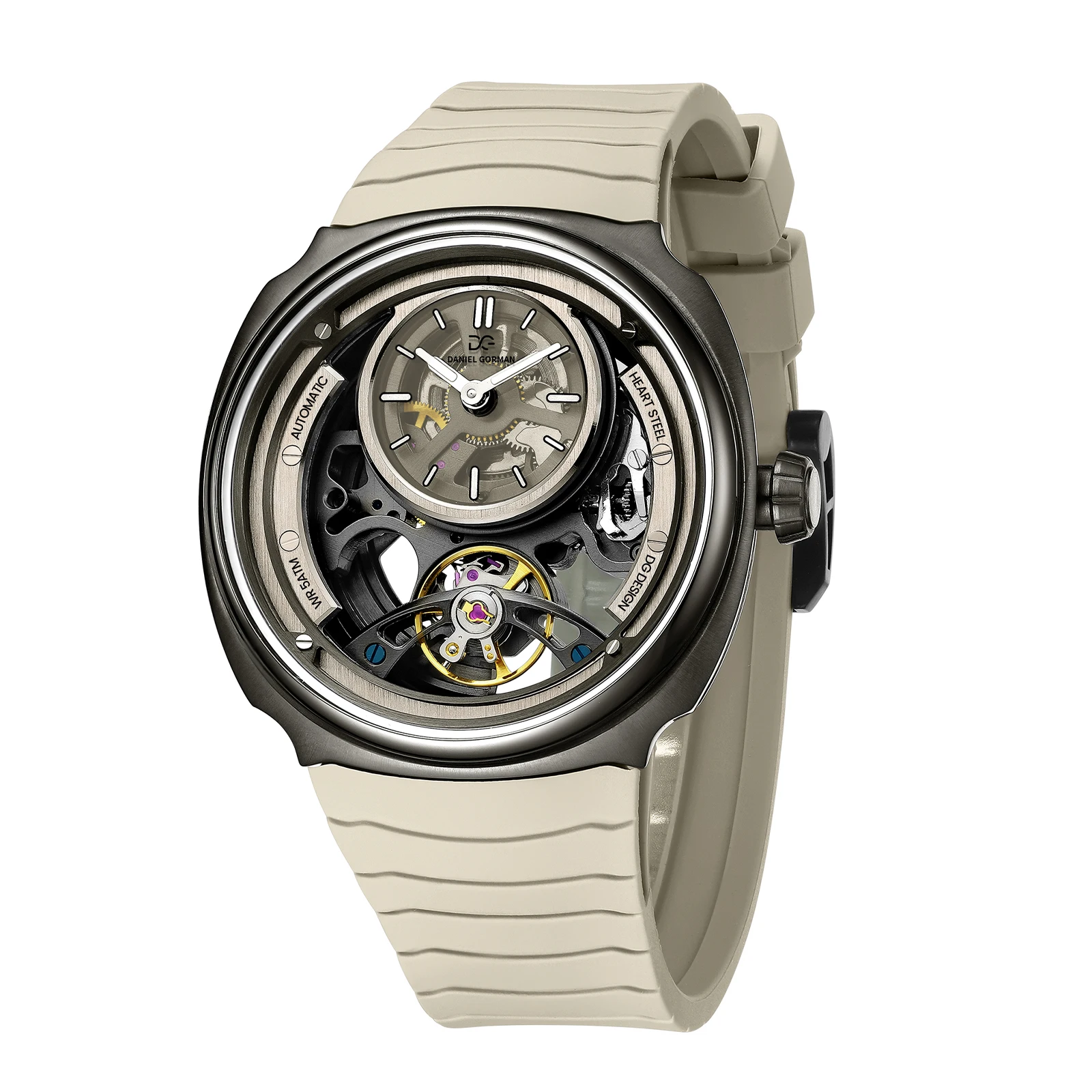 DG Automatic Mechanical Watch Vintage Style Mechanical Wristwatch Skeleton Engraving Waterproof Leather Strap Men's Watch