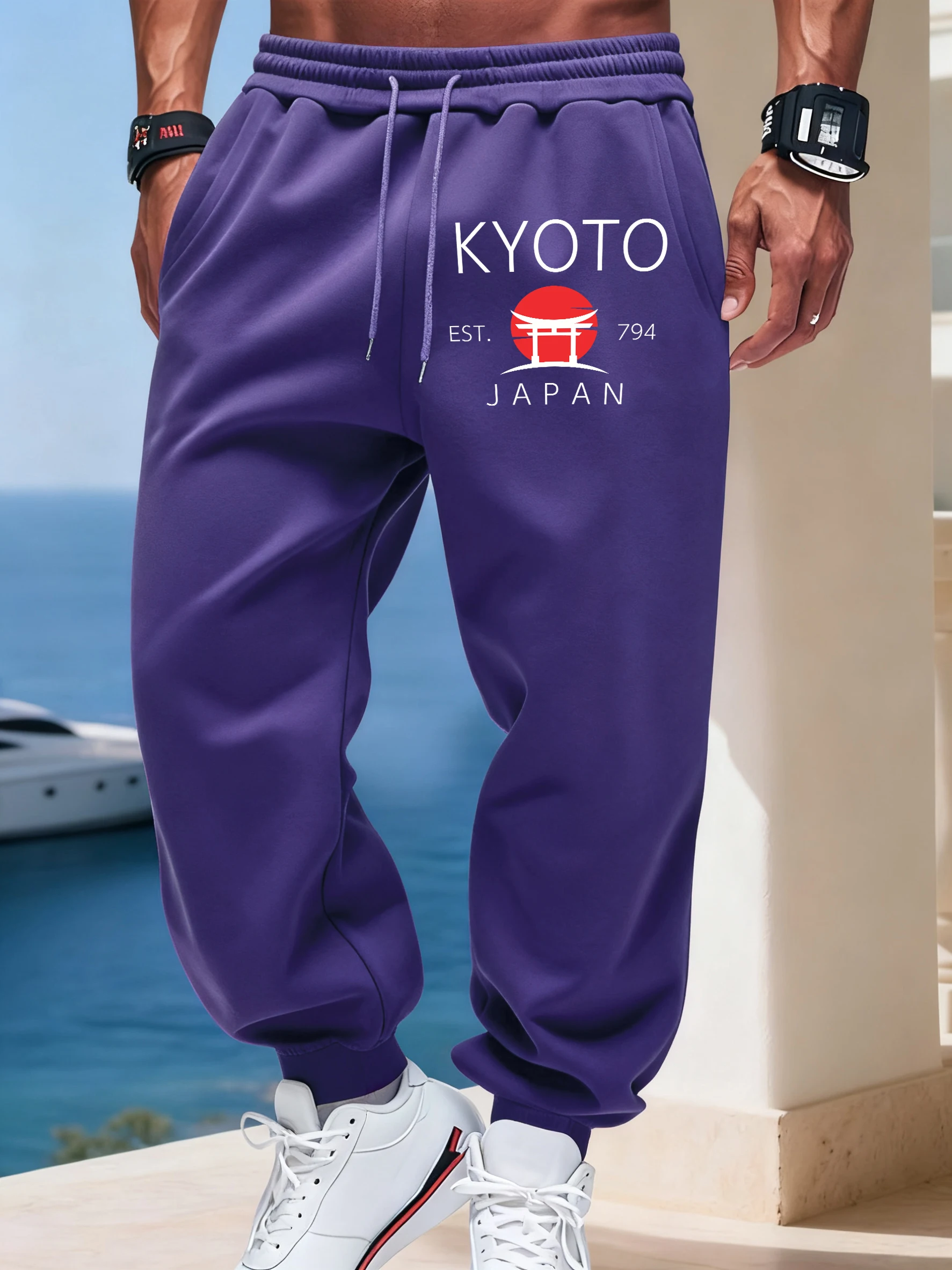 Kyoto Japan Letter Print Basic Sport Britches Unisex Drawstring Fashion Long Pant Street Casual Sweatpants Warm Fleece Pants Men