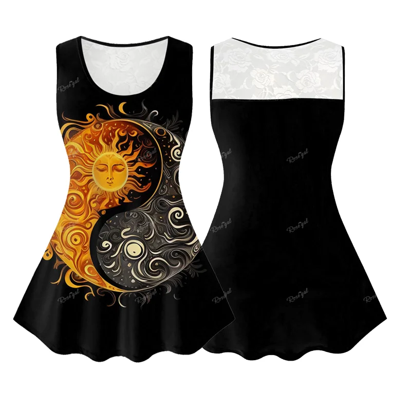 Plus Size Gothic Floral Lace Back Sun Moon Printed Tank Top Spring,Summer Casual Round Neck Vest For Women