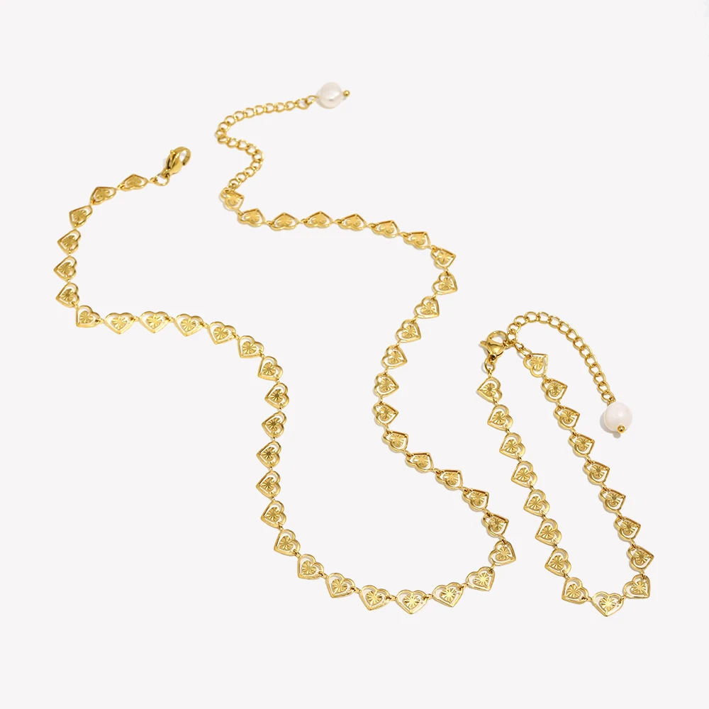 E.B.belle  French Elegant Small Hollow Heart Choker Necklace Delicate Sweet Girl\'s Stainless Steel Pearl Gold Bracelet Anklets