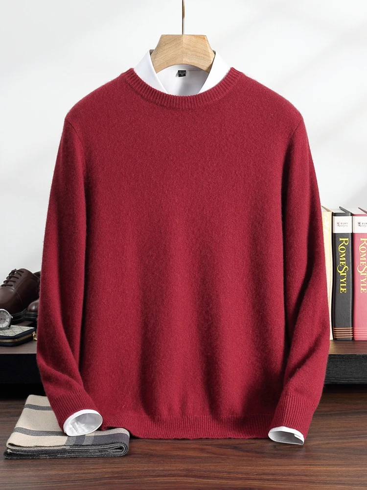 

TLOML Men's Thick 100% Cashmere Sweater O-neck Long Sleeve Pullover Autumn Winter Soft Warm Cashmere Knitwear Smart Casual Tops