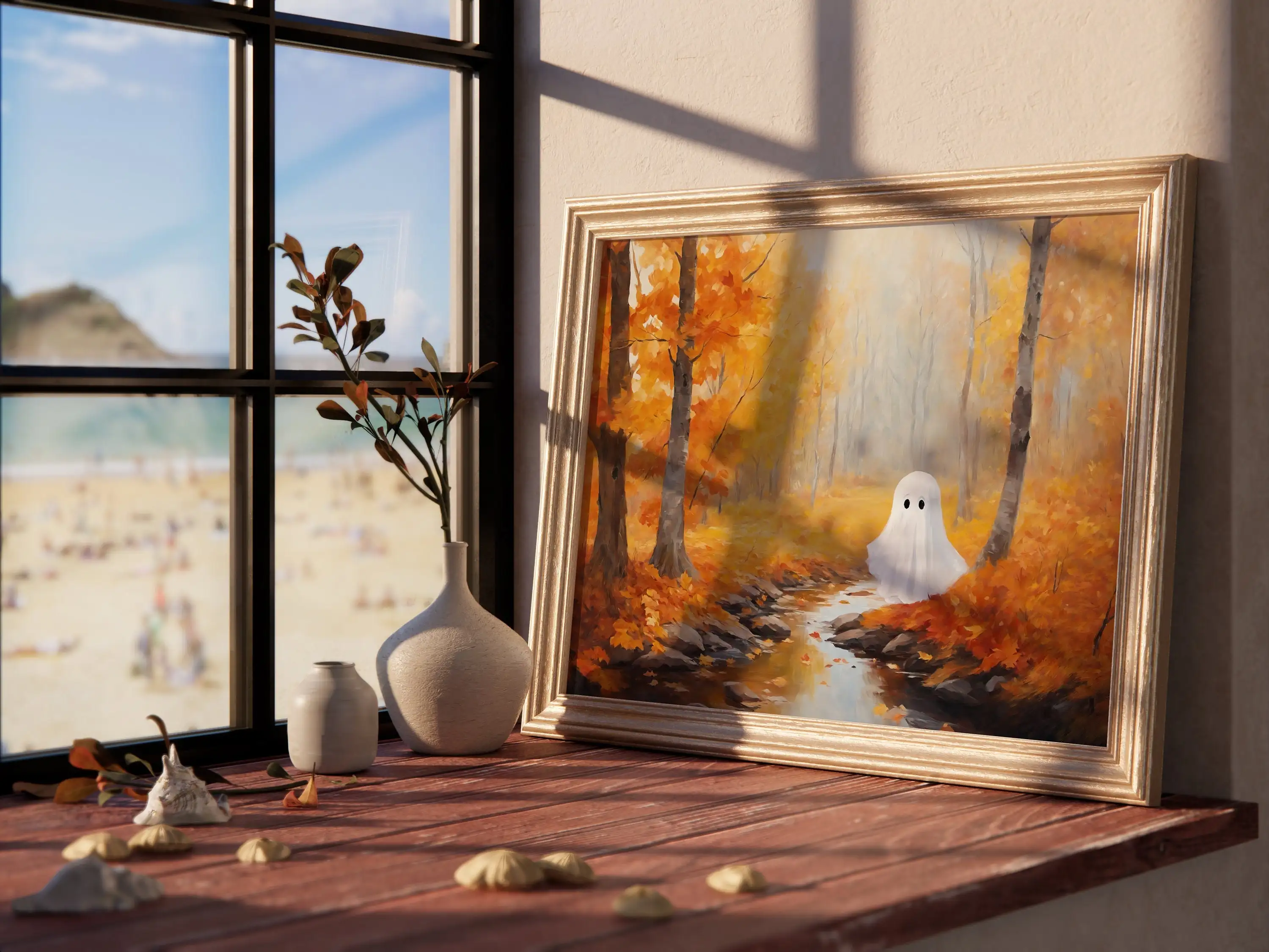 Cute Ghost Fall Decor Halloween Prints Poster Rustic Autumn Landscape Canvas Wall Art Vintage Halloween Poster for Bedroom Decor