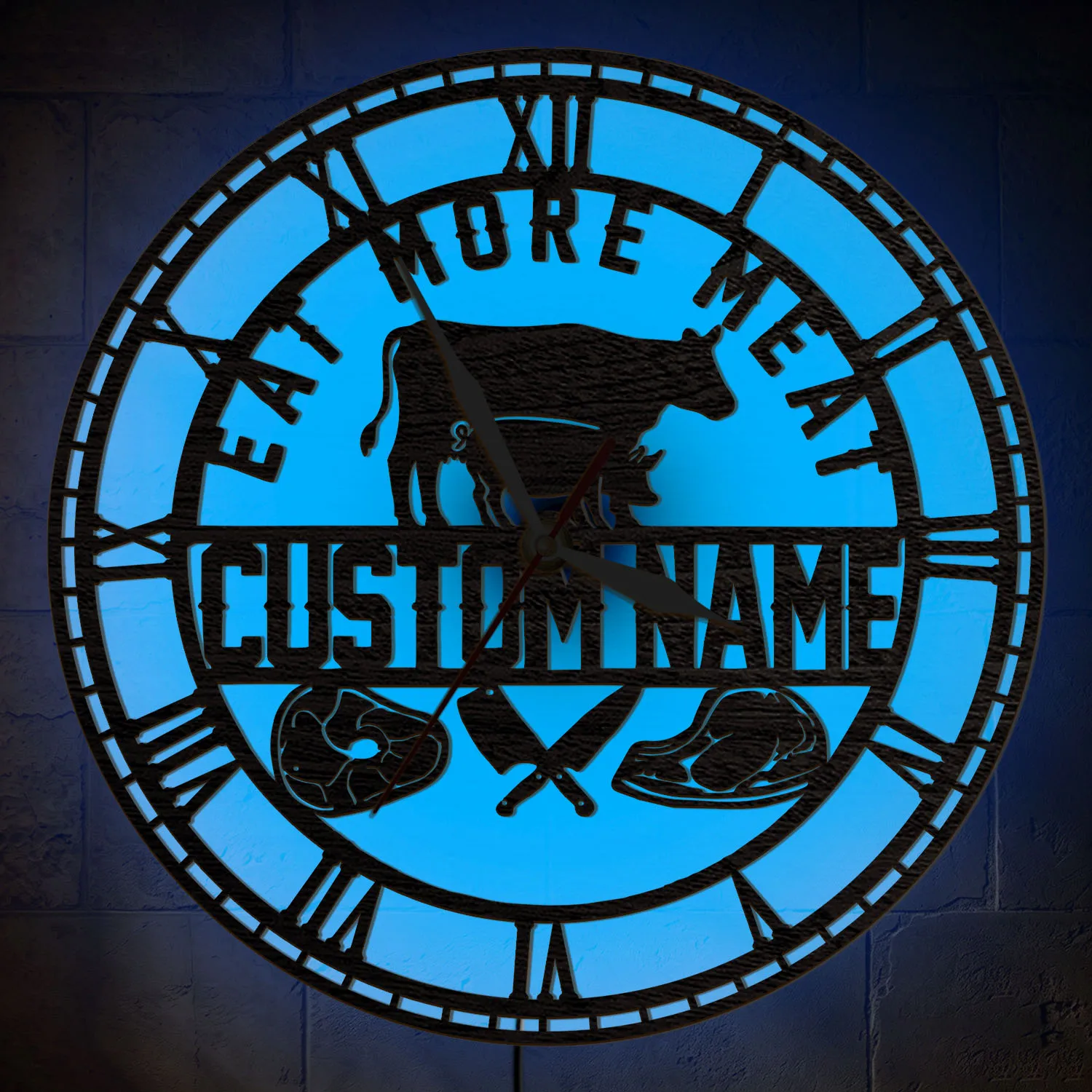 Custom Name Butcher Shop LED Backlight Wall Clock For Butcher Shop Personalized Eat More Meat Luminous Night Light Wall Clock
