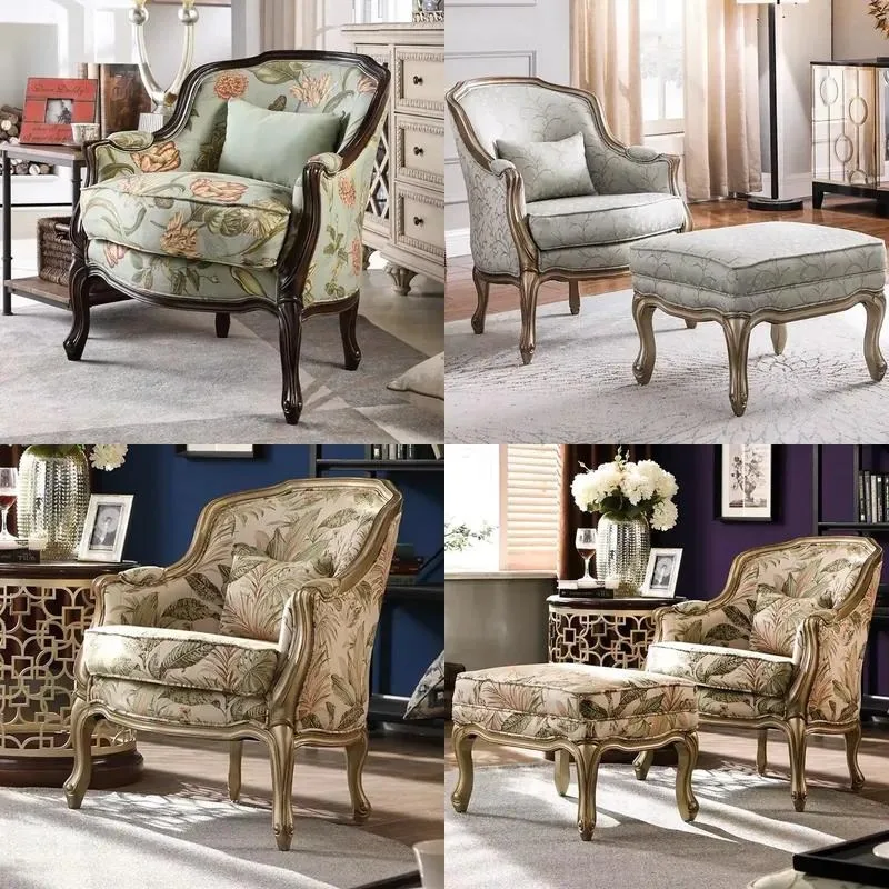 American Country Style Retro Solid Wood Single Chair French Carved Sofa for Villa Living Room Balcony Leisure
