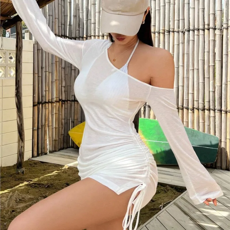 Off Shoulder White Dress For Women Sexy See Through Sheer Drawstring Skew Collar Beach Mini Dress Long Sleeve Bikini Cover Up