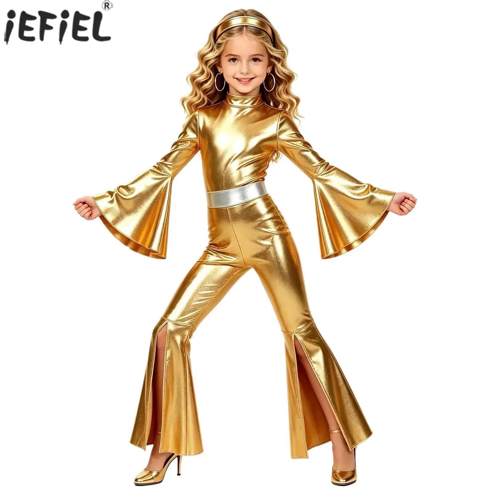 Kids Girls 70s Disco Costume Metallic Shiny Long Flared Sleeves Split Bell-bottom Jumpsuit Jazz Dance Rave Party Hippie Costume