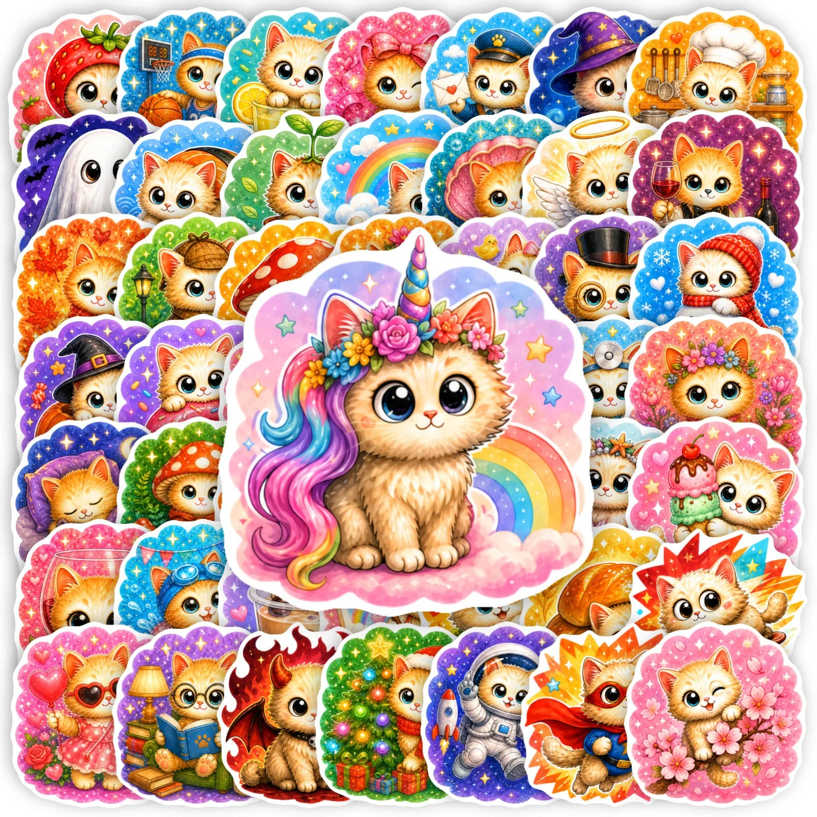 50 PCS Cute Versatile Cat Creative Cartoon Shape Exquisite Stickers Student Hand Account Material DIY Tablet Non Repeated Decals