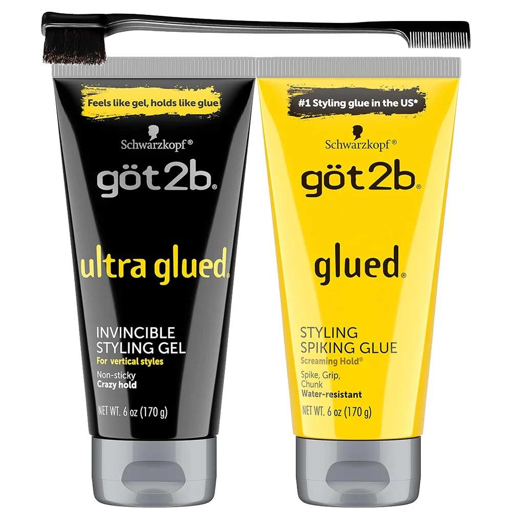 

Got2B Ultra Glued Invincible Styling Gel Strong Hold and Got2B Glued Styling Spiking Hair Gel Waterproof Brows & Edges Gel 6oz