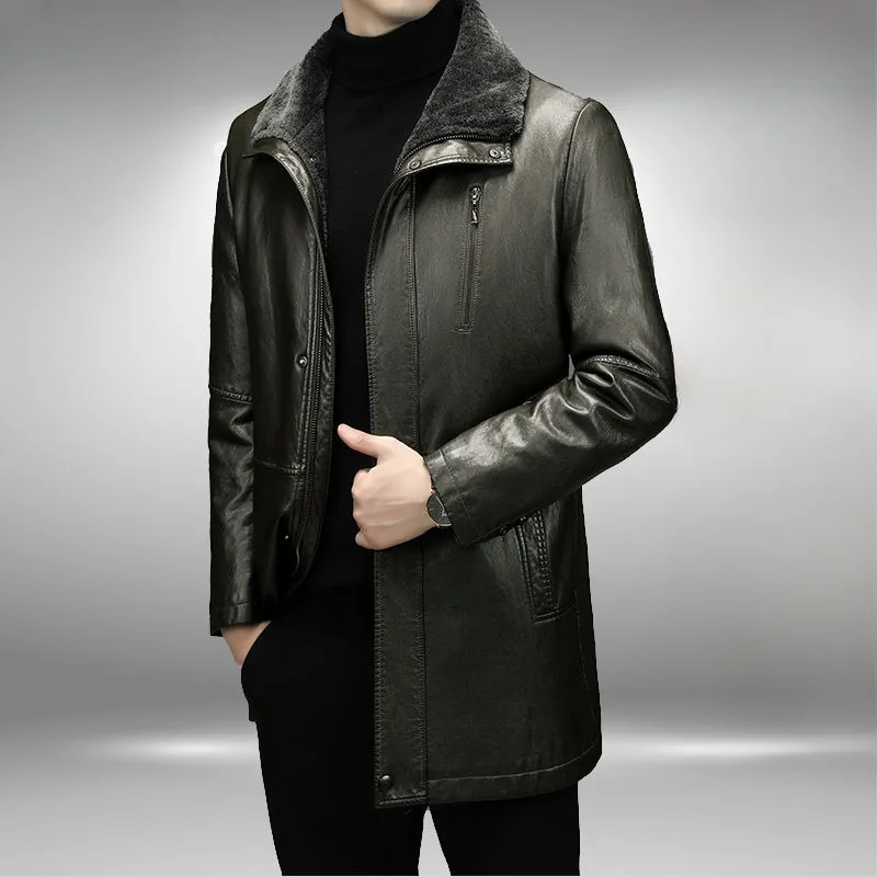 2023 New Men Fashion Casual Fur Integrated Leather Coat Winter Men Mid-Length Thickened Wool Liner Warm Sheep Leather Jacket