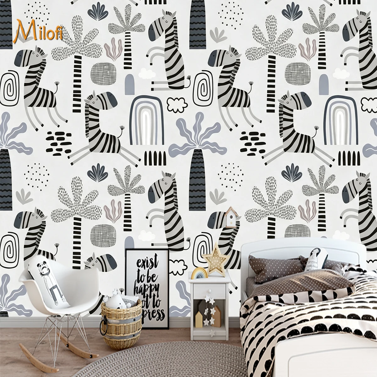 Custom 3D Nordic Cartoon Zebra Wall Mural Black White Geometric Rainbow Palm Tree Wallpaper for Kids Baby Nursery Bedroom Decor