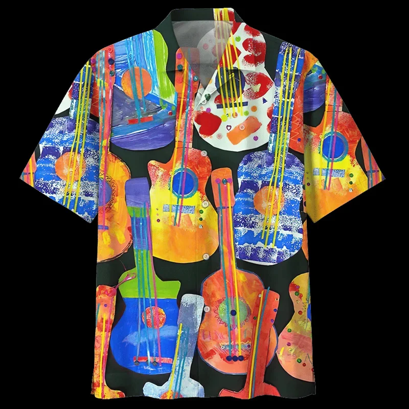 

3D Printed Colorful Guitar Hawaiian Shirt For Men Musical Instrument Graphic Blouse Summer Loose Aloha Shirts Lapel Button Tops