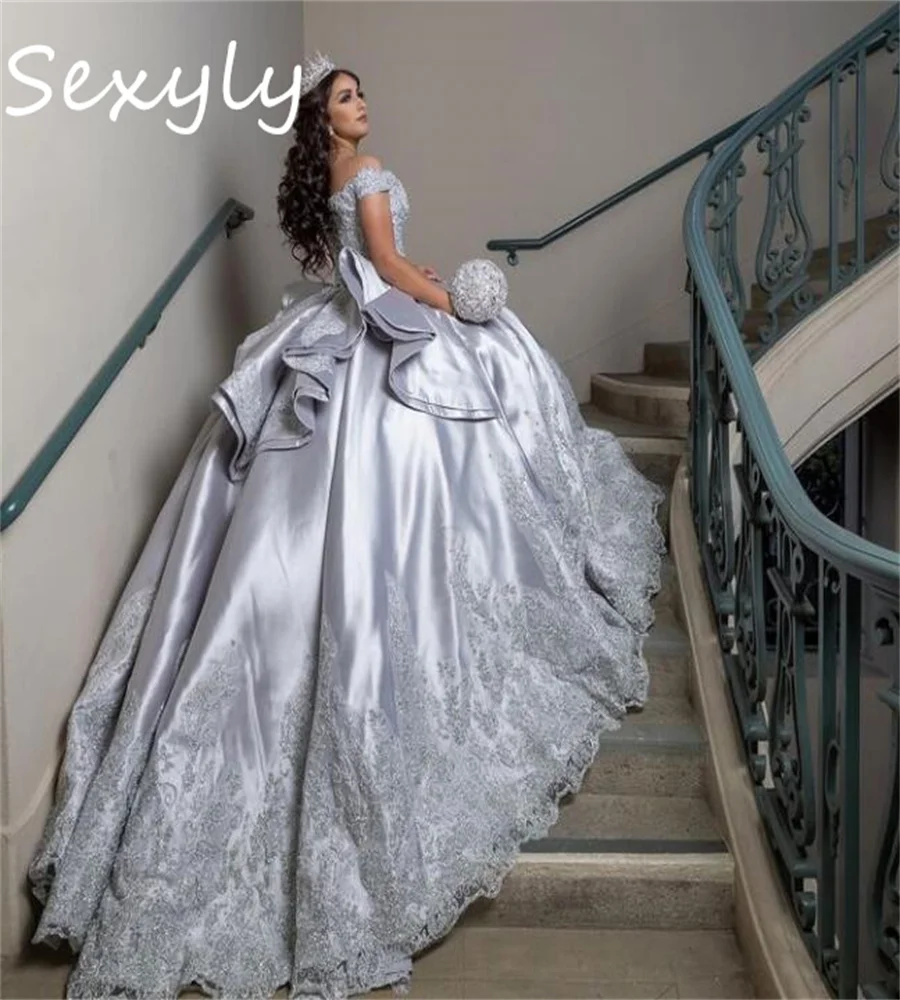 Customized Silver Quinceanera Dress Off Shoulders Ball Gown Para Lace Silk Satin Vestidos de Xv Birthday Party Sweet 16 Dress