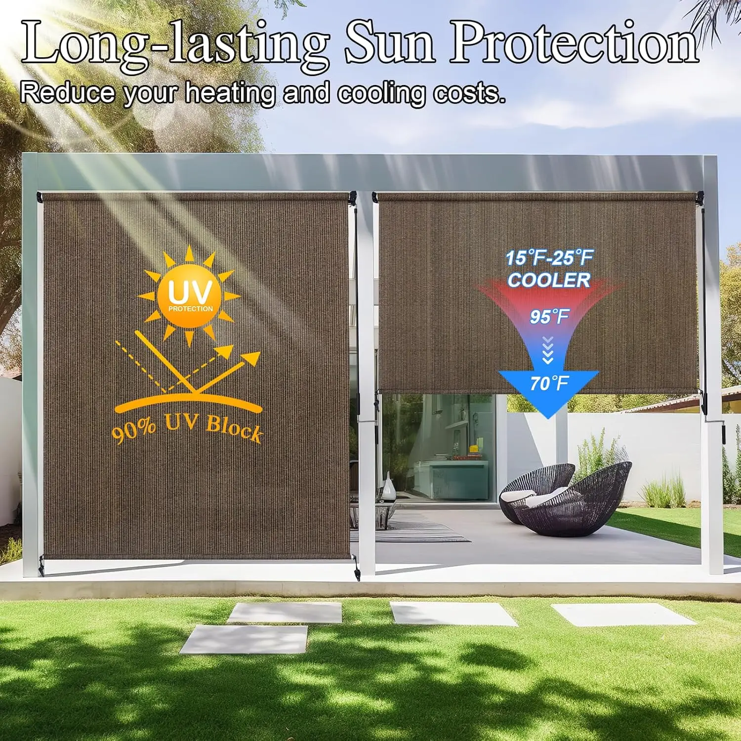 Exterior Cordless Roll Up Outdoor Roller Shades Sun Blinds With 90 Percent UV Protection Privacy Sun Shade Canopy Heavy Duty Shade Cloth Screen For Patio Porch Deck Balcony Gazebo Yard, Mocha
