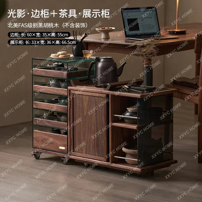 DV  Solid wood mobile sofa side cabinet, tea cabinet, black walnut side few dining cart, side table display cabinet, tea table
