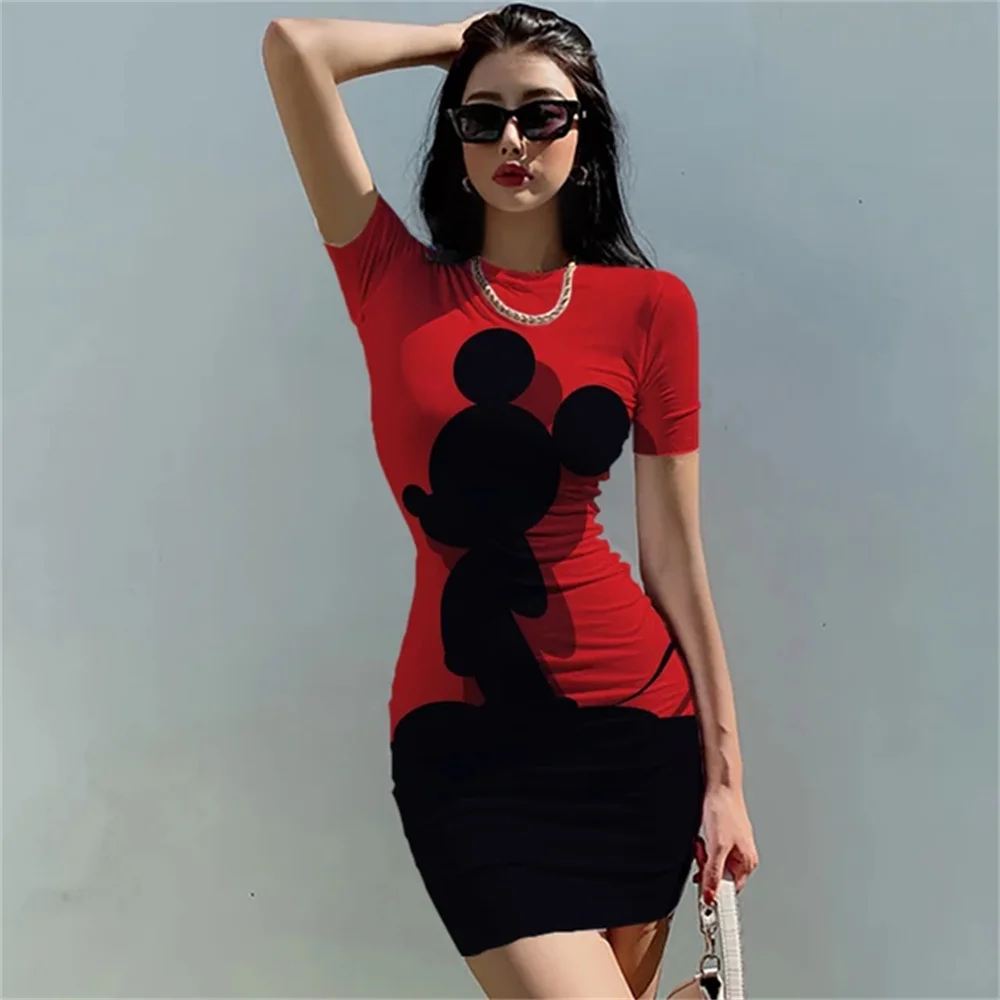 

Disney Minnie Mickey Mouse Summer Round neck Short sleeve Sexy Mini Dress Bodycon Sexy Tight Pencil Cute Dress Bandage Dress