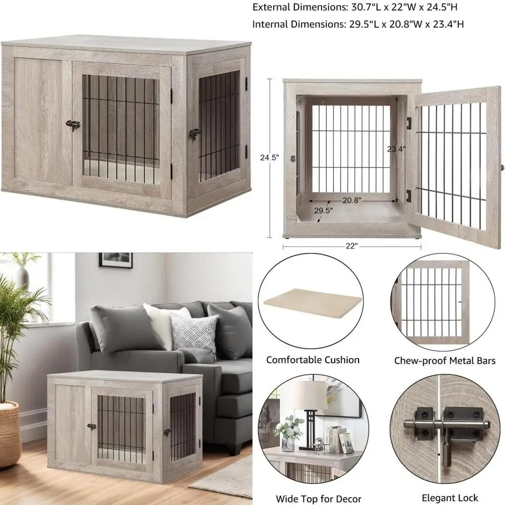 

30 Inch Small Dog Crate - Indoor Puppy Kennel with Door, Decorative Wooden Wire Pet House