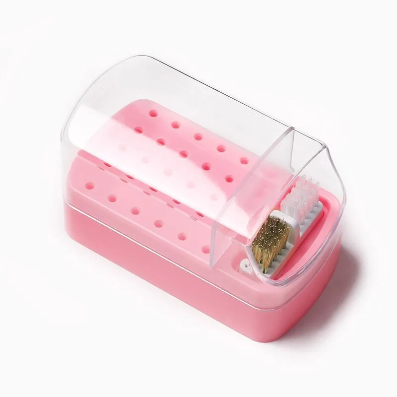 2 em 1 caixa de armazenamento de brocas de unhas 30 furos com escova de limpeza manicure salão de moagem cabeça titular exibição acessório da arte do prego