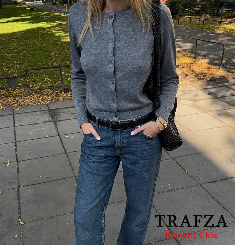 

KONDALA Women Elegant Basic Gray Sweater O-Neck Button Knitted Cardigan New 2025 Fashion Spring Autumn Casual Mujer Sweater Coat