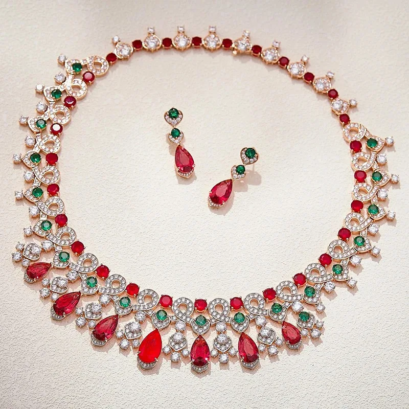 

ROBOTZ925 Ювелирные изделия из стерлингового серебра для женщин, комплект свадебных украшений с кристаллами, высокое качество, красные серьги с кисточками в богемном стиле, ожерелье