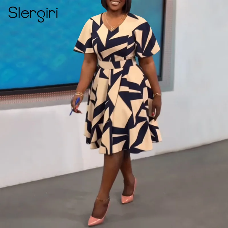 

Slergiri Women's Plus Size Elegant Printed High Waist Split Dress 2025 Summer V-neck Short Sleeved Ladies Casual A-Line Dresses
