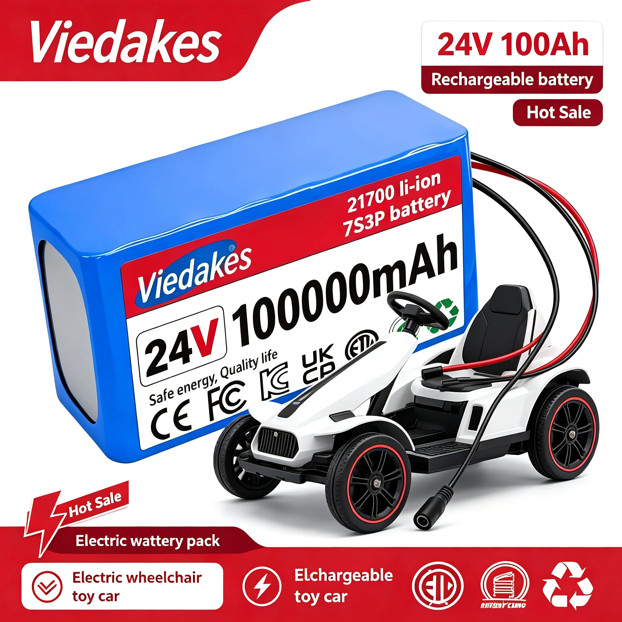 Original 24V 100Ah battery, 21700 Li-Ion 7S3P Battery Pack, for Electric wheelchair toy car Replace the battery, With Charger