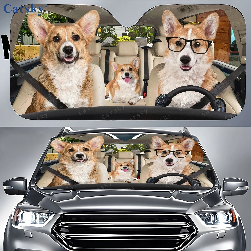 Three Dogs With Glasses Are Seated In The Rear Of A Vehicle, Surrounded By Car Sunshades And A Front Window Cover, Perfect For C