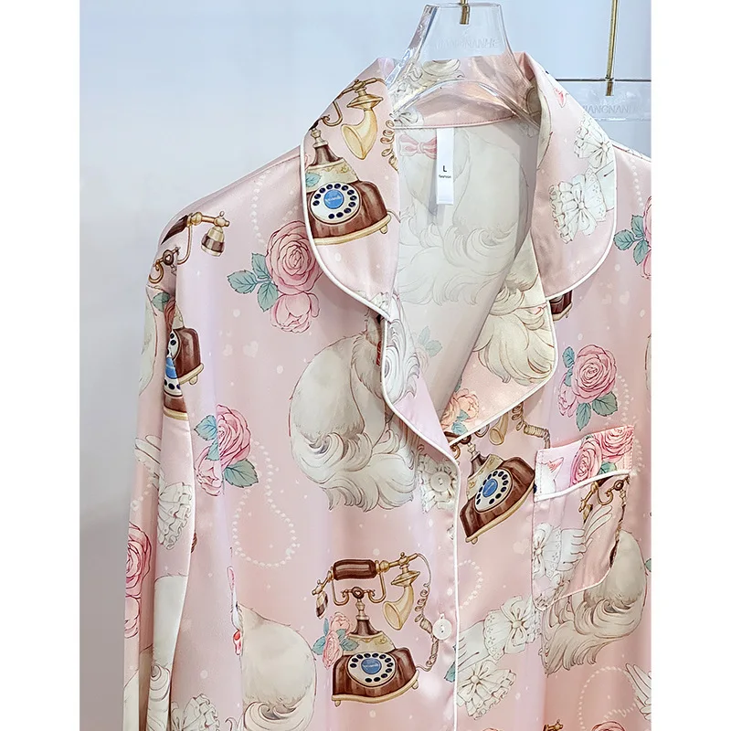 2026 Spring Summer Pink Sweet Cat Long Sleeve Pants Cartoon Kitten 2piece Set Ice Silk Pajamas Women Nightgown Homewear Nighty