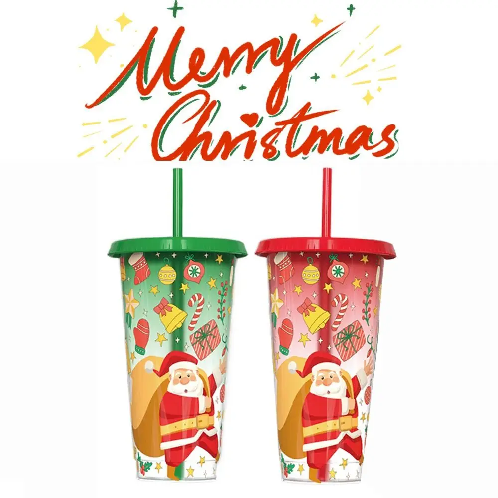 

New Plastic Color Changing Cup Discoloration Dining Supplies Iced Coffee Cup Reusable 710ml Cold Drink Cup Christmas