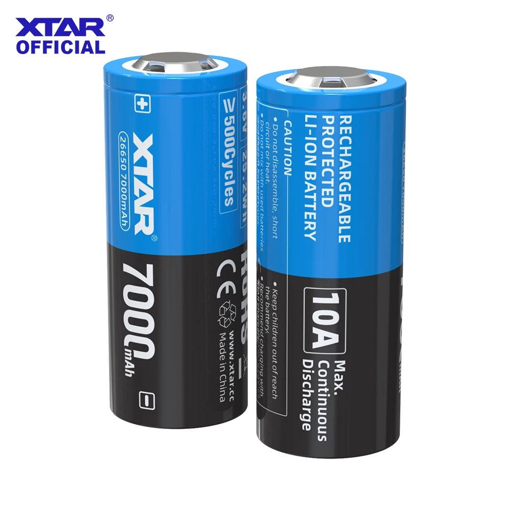 XTAR 2/4개 3.6V 26650 7000mAh 충전식 리튬 이온 배터리 10A 출력 500개 이상의 사이클(보호 플레이트 포함) -20 ℃ ~60 ℃
