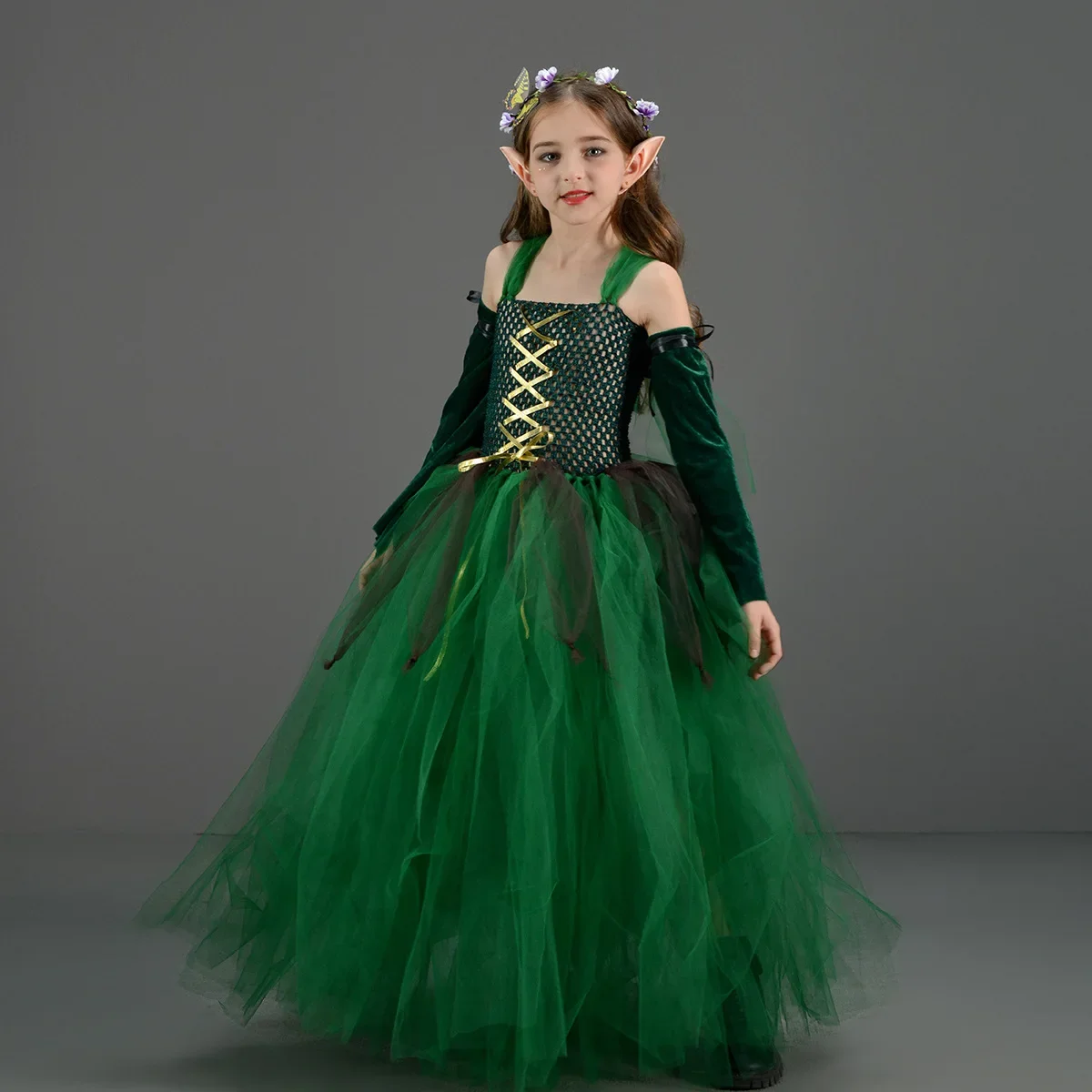 Kids Girls Elf Cosplay Dance Skirts Costume Children Roleplay Dress Up Performence Stage Dress Elf Earrings Halloween Clothes